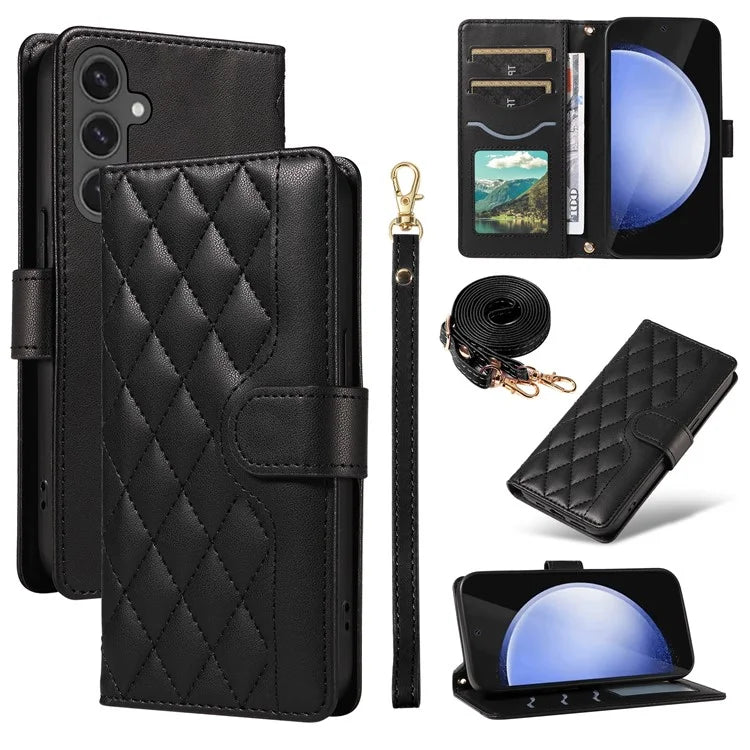 For Samsung Galaxy S24 FE Case Wallet Rhombus Leather Phone Cover with Shoulder Strap, Wrist Strap