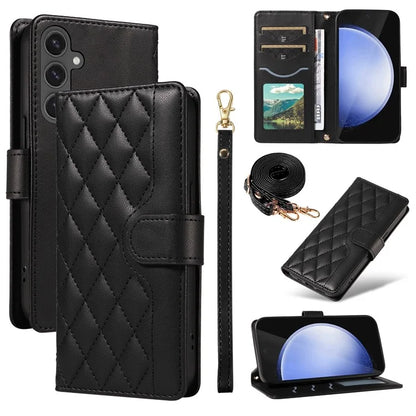 For Samsung Galaxy S24 FE Case Wallet Rhombus Leather Phone Cover with Shoulder Strap, Wrist Strap
