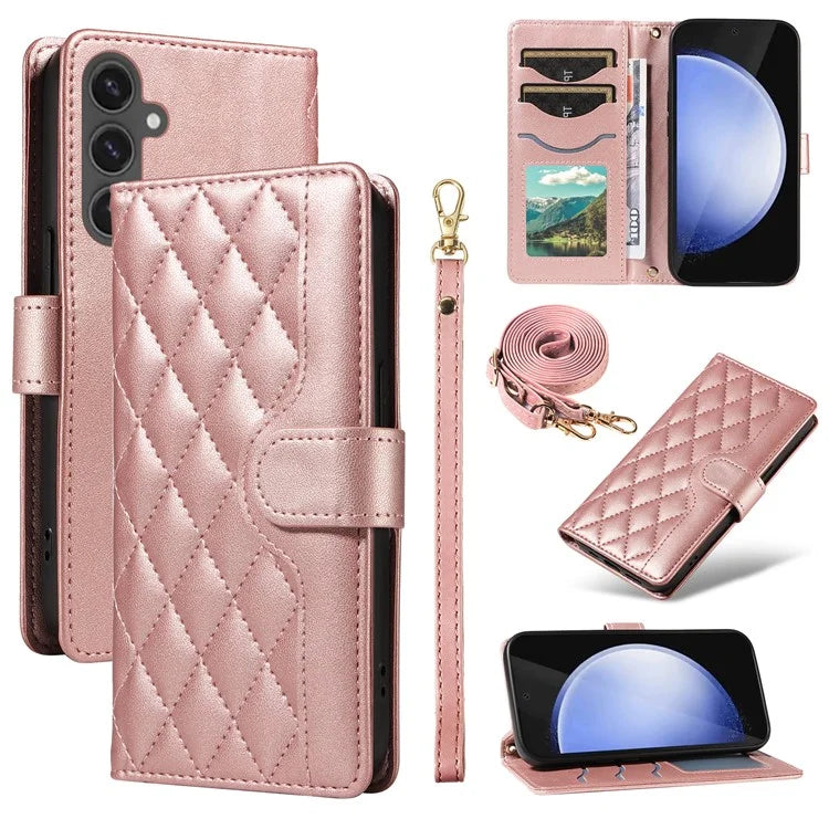 For Samsung Galaxy S24 FE Case Wallet Rhombus Leather Phone Cover with Shoulder Strap, Wrist Strap