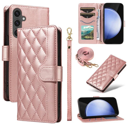 For Samsung Galaxy S24 FE Case Wallet Rhombus Leather Phone Cover with Shoulder Strap, Wrist Strap