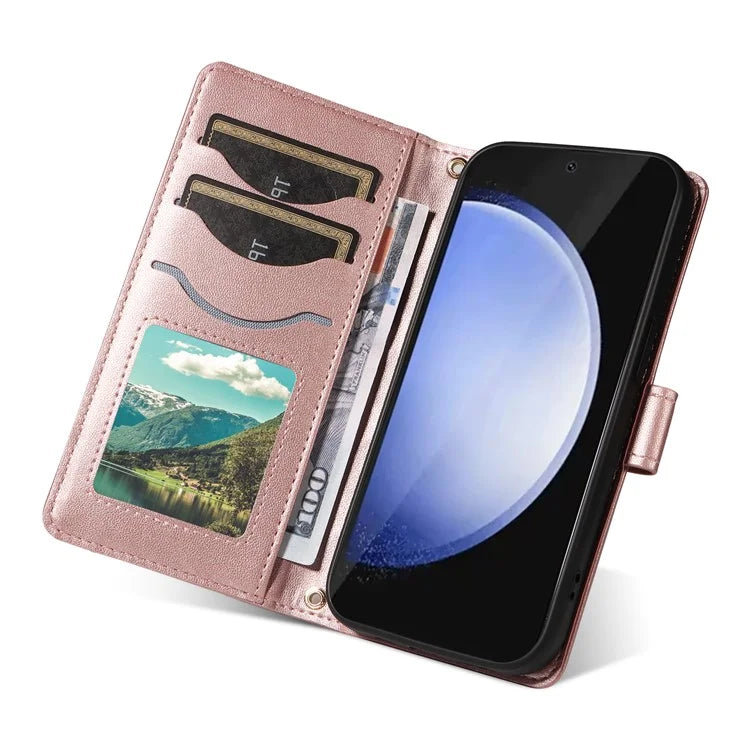 For Samsung Galaxy S24 FE Case Wallet Rhombus Leather Phone Cover with Shoulder Strap, Wrist Strap