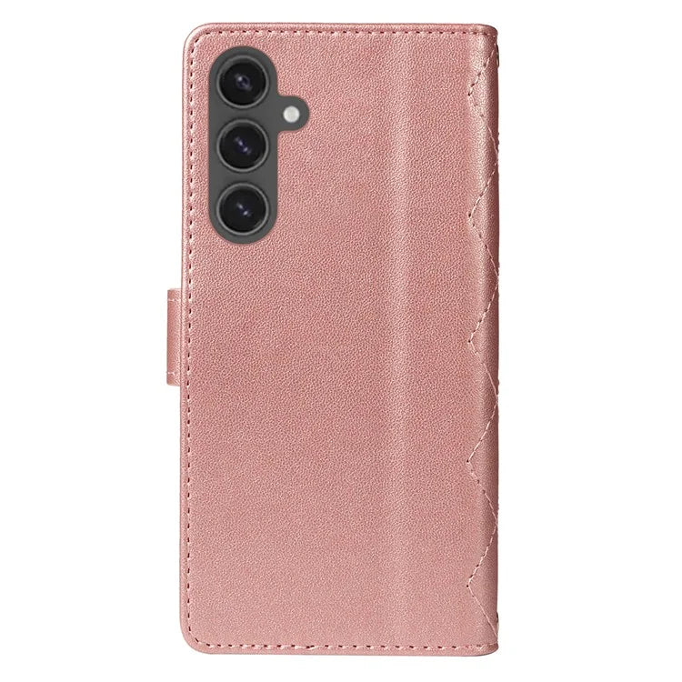 For Samsung Galaxy S24 FE Case Wallet Rhombus Leather Phone Cover with Shoulder Strap, Wrist Strap