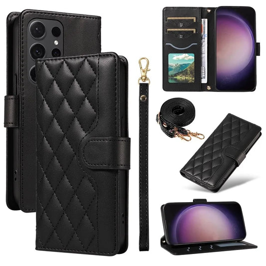 For Samsung Galaxy S24 Ultra Case Wallet Rhombus Leather Phone Cover with Shoulder Strap, Wrist Strap