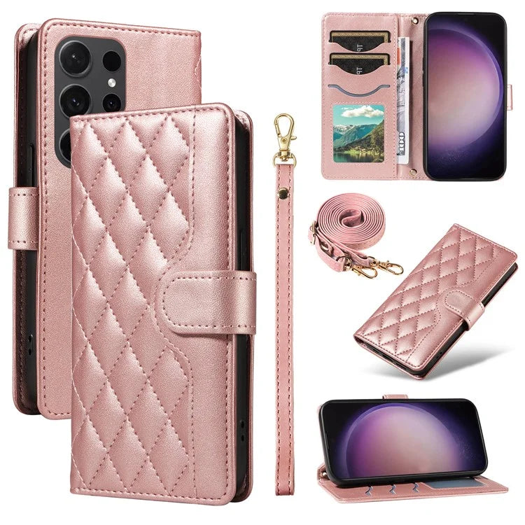 For Samsung Galaxy S24 Ultra Case Wallet Rhombus Leather Phone Cover with Shoulder Strap, Wrist Strap