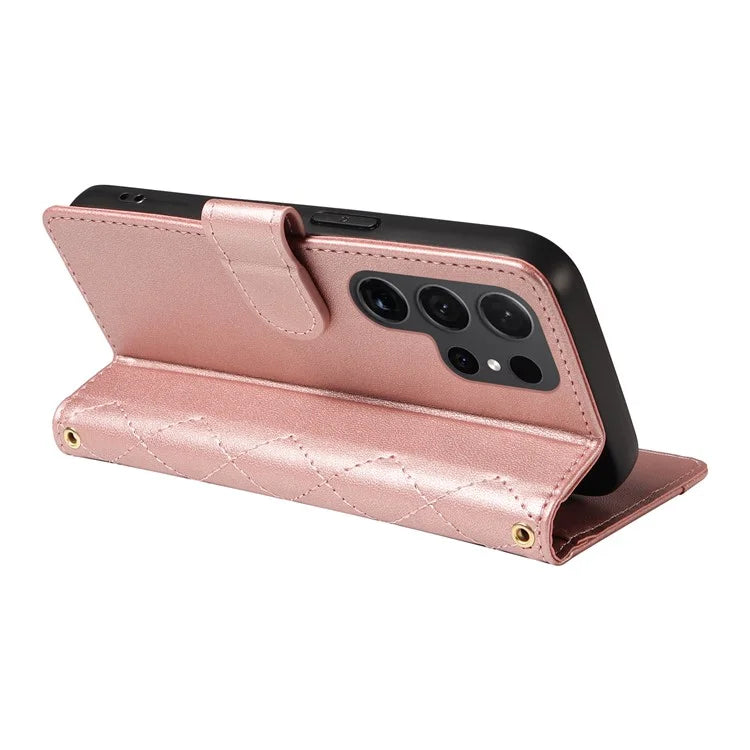For Samsung Galaxy S24 Ultra Case Wallet Rhombus Leather Phone Cover with Shoulder Strap, Wrist Strap
