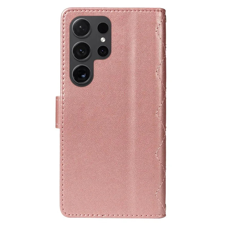 For Samsung Galaxy S24 Ultra Case Wallet Rhombus Leather Phone Cover with Shoulder Strap, Wrist Strap
