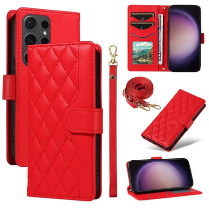 For Samsung Galaxy S24 Ultra Case Wallet Rhombus Leather Phone Cover with Shoulder Strap, Wrist Strap