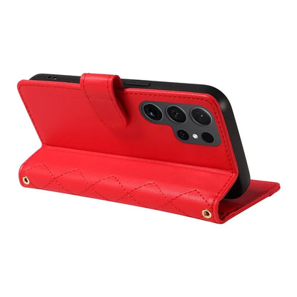 For Samsung Galaxy S24 Ultra Case Wallet Rhombus Leather Phone Cover with Shoulder Strap, Wrist Strap