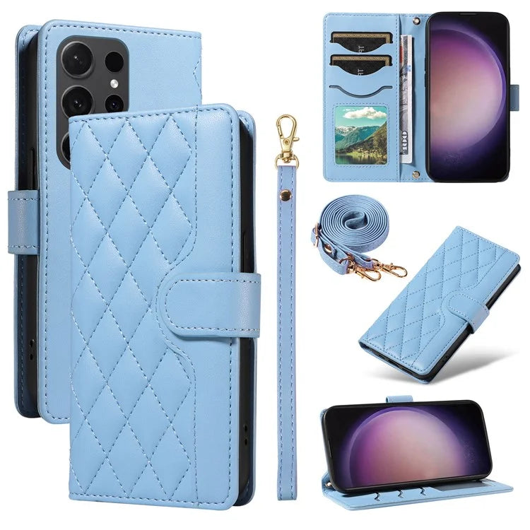 For Samsung Galaxy S24 Ultra Case Wallet Rhombus Leather Phone Cover with Shoulder Strap, Wrist Strap