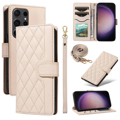 For Samsung Galaxy S24 Ultra Case Wallet Rhombus Leather Phone Cover with Shoulder Strap, Wrist Strap