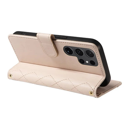 For Samsung Galaxy S24 Ultra Case Wallet Rhombus Leather Phone Cover with Shoulder Strap, Wrist Strap