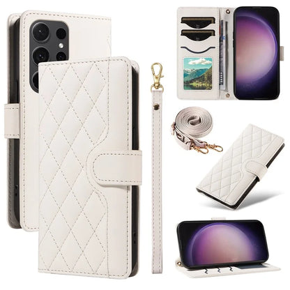 For Samsung Galaxy S24 Ultra Case Wallet Rhombus Leather Phone Cover with Shoulder Strap, Wrist Strap