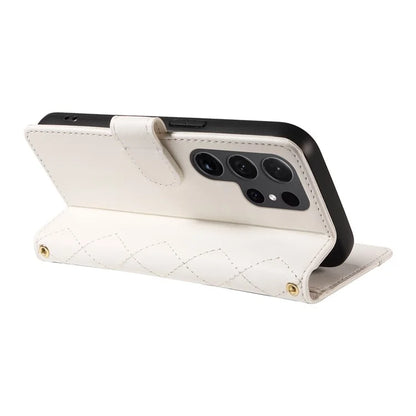 For Samsung Galaxy S24 Ultra Case Wallet Rhombus Leather Phone Cover with Shoulder Strap, Wrist Strap
