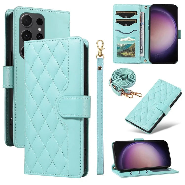 For Samsung Galaxy S24 Ultra Case Wallet Rhombus Leather Phone Cover with Shoulder Strap, Wrist Strap