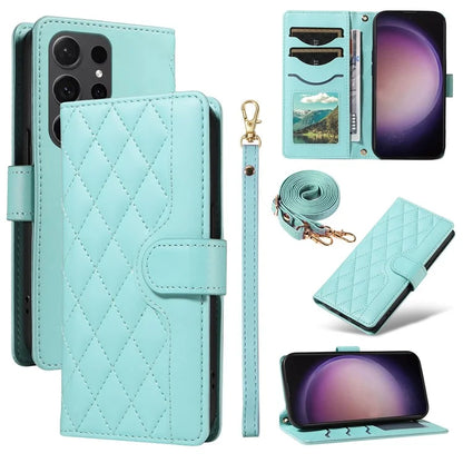 For Samsung Galaxy S24 Ultra Case Wallet Rhombus Leather Phone Cover with Shoulder Strap, Wrist Strap