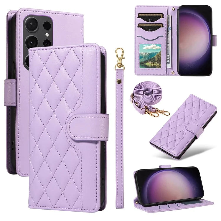 For Samsung Galaxy S24 Ultra Case Wallet Rhombus Leather Phone Cover with Shoulder Strap, Wrist Strap