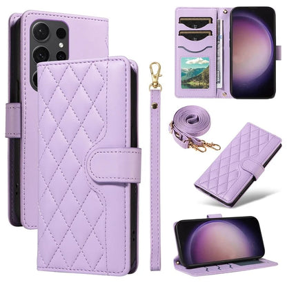 For Samsung Galaxy S24 Ultra Case Wallet Rhombus Leather Phone Cover with Shoulder Strap, Wrist Strap