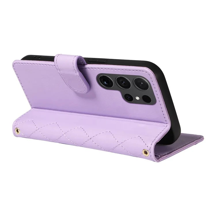 For Samsung Galaxy S24 Ultra Case Wallet Rhombus Leather Phone Cover with Shoulder Strap, Wrist Strap