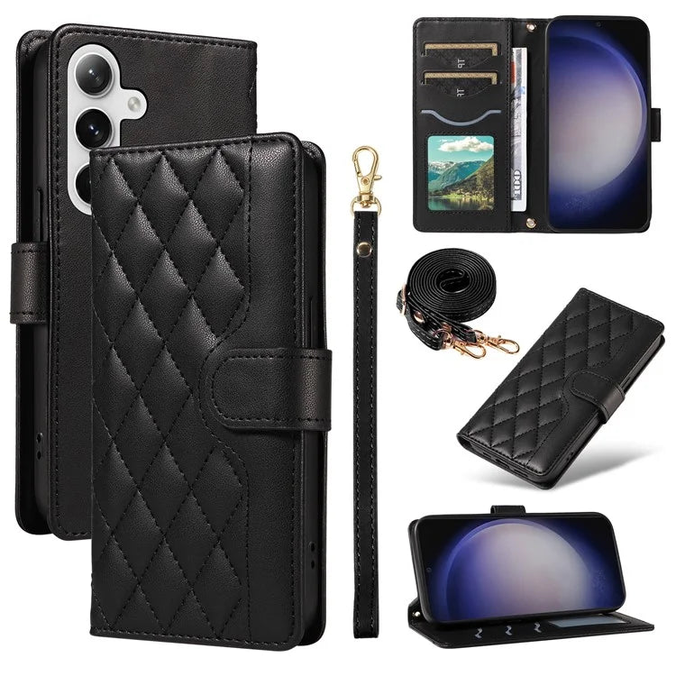 For Samsung Galaxy S24+ Case Wallet Rhombus Leather Phone Cover with Shoulder Strap, Wrist Strap