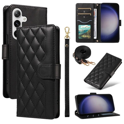 For Samsung Galaxy S24+ Case Wallet Rhombus Leather Phone Cover with Shoulder Strap, Wrist Strap