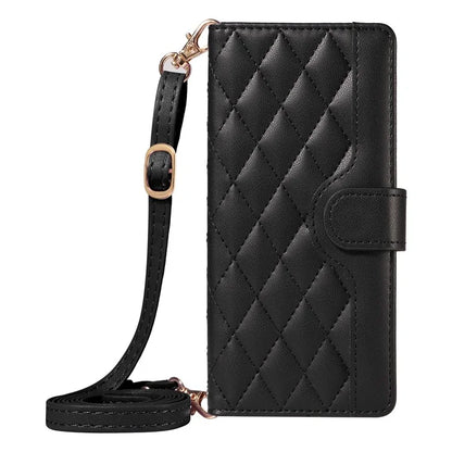 For Samsung Galaxy S24+ Case Wallet Rhombus Leather Phone Cover with Shoulder Strap, Wrist Strap