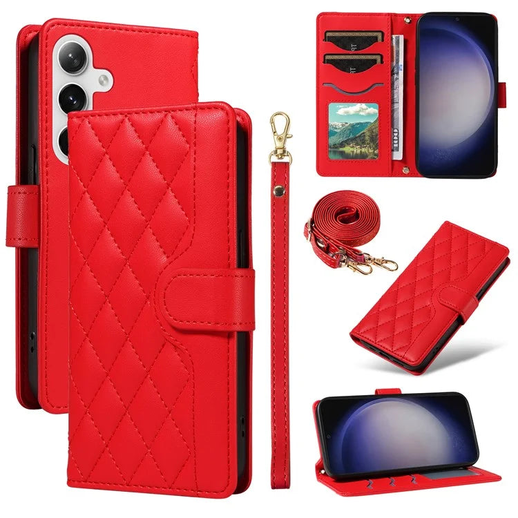 For Samsung Galaxy S24+ Case Wallet Rhombus Leather Phone Cover with Shoulder Strap, Wrist Strap