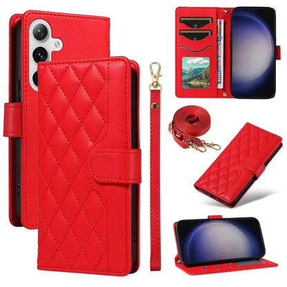 For Samsung Galaxy S24+ Case Wallet Rhombus Leather Phone Cover with Shoulder Strap, Wrist Strap