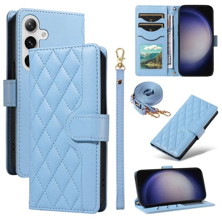 For Samsung Galaxy S24+ Case Wallet Rhombus Leather Phone Cover with Shoulder Strap, Wrist Strap