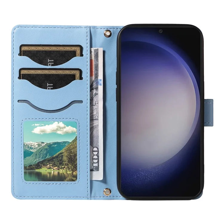 For Samsung Galaxy S24+ Case Wallet Rhombus Leather Phone Cover with Shoulder Strap, Wrist Strap