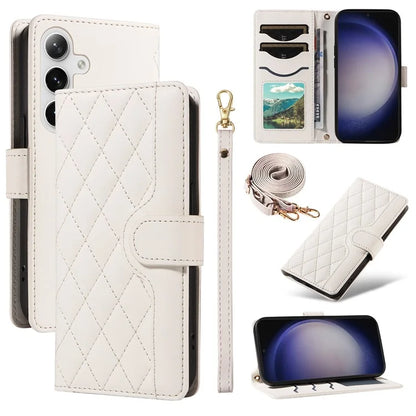 For Samsung Galaxy S24+ Case Wallet Rhombus Leather Phone Cover with Shoulder Strap, Wrist Strap