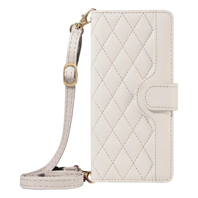 For Samsung Galaxy S24+ Case Wallet Rhombus Leather Phone Cover with Shoulder Strap, Wrist Strap
