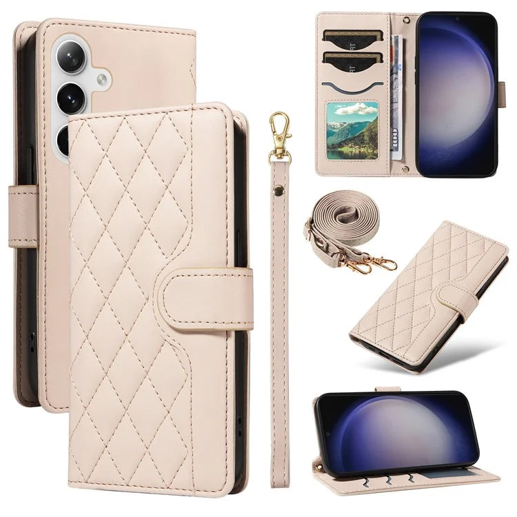 For Samsung Galaxy S24+ Case Wallet Rhombus Leather Phone Cover with Shoulder Strap, Wrist Strap