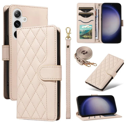 For Samsung Galaxy S24+ Case Wallet Rhombus Leather Phone Cover with Shoulder Strap, Wrist Strap