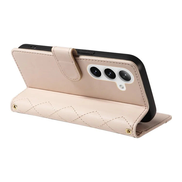 For Samsung Galaxy S24+ Case Wallet Rhombus Leather Phone Cover with Shoulder Strap, Wrist Strap