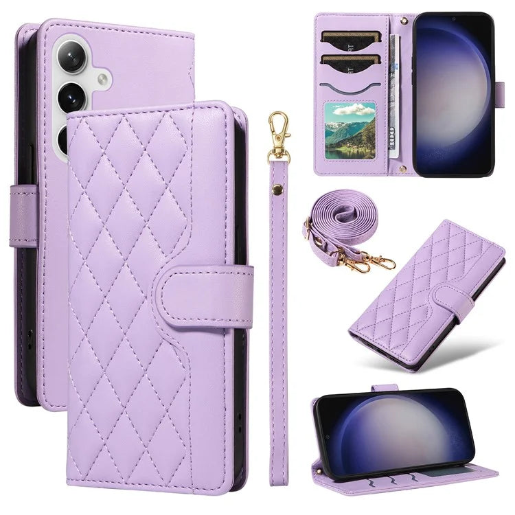 For Samsung Galaxy S24+ Case Wallet Rhombus Leather Phone Cover with Shoulder Strap, Wrist Strap