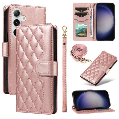 For Samsung Galaxy S24+ Case Wallet Rhombus Leather Phone Cover with Shoulder Strap, Wrist Strap