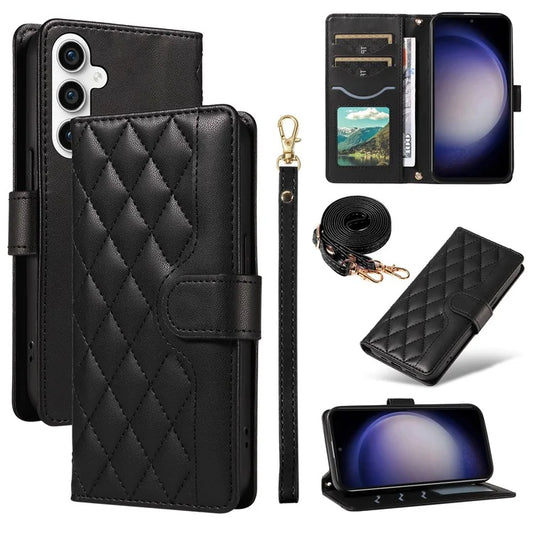 For Samsung Galaxy S23 FE Case Wallet Rhombus Leather Phone Cover with Shoulder Strap, Wrist Strap