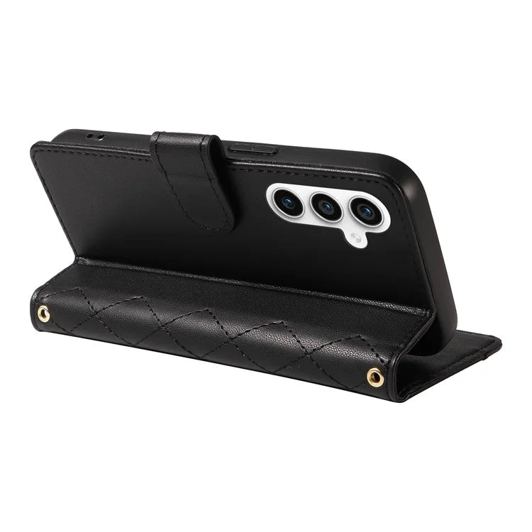 For Samsung Galaxy S23 FE Case Wallet Rhombus Leather Phone Cover with Shoulder Strap, Wrist Strap