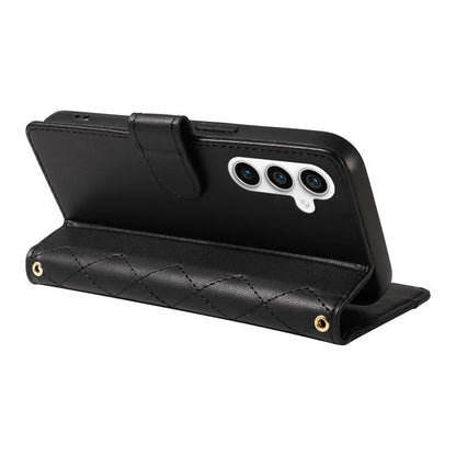 For Samsung Galaxy S23 FE Case Wallet Rhombus Leather Phone Cover with Shoulder Strap, Wrist Strap