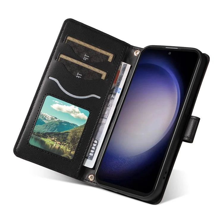 For Samsung Galaxy S23 FE Case Wallet Rhombus Leather Phone Cover with Shoulder Strap, Wrist Strap