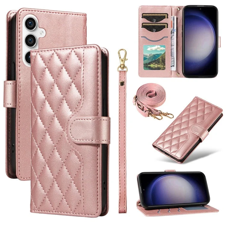 For Samsung Galaxy S23 FE Case Wallet Rhombus Leather Phone Cover with Shoulder Strap, Wrist Strap