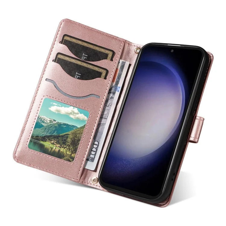 For Samsung Galaxy S23 FE Case Wallet Rhombus Leather Phone Cover with Shoulder Strap, Wrist Strap