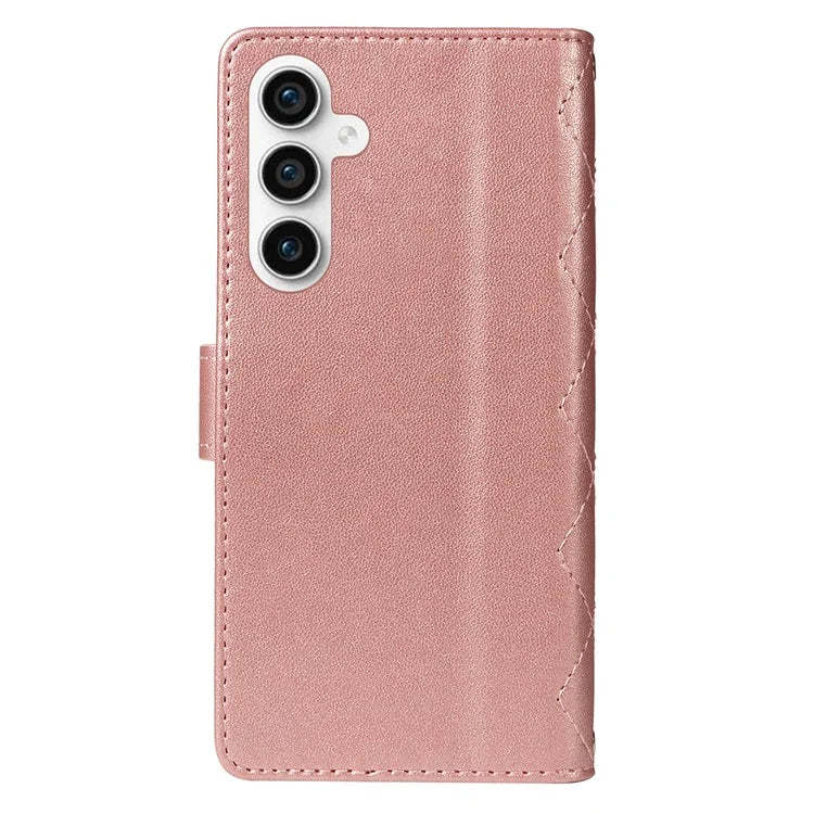 For Samsung Galaxy S23 FE Case Wallet Rhombus Leather Phone Cover with Shoulder Strap, Wrist Strap