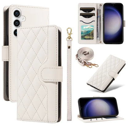 For Samsung Galaxy S23 FE Case Wallet Rhombus Leather Phone Cover with Shoulder Strap, Wrist Strap