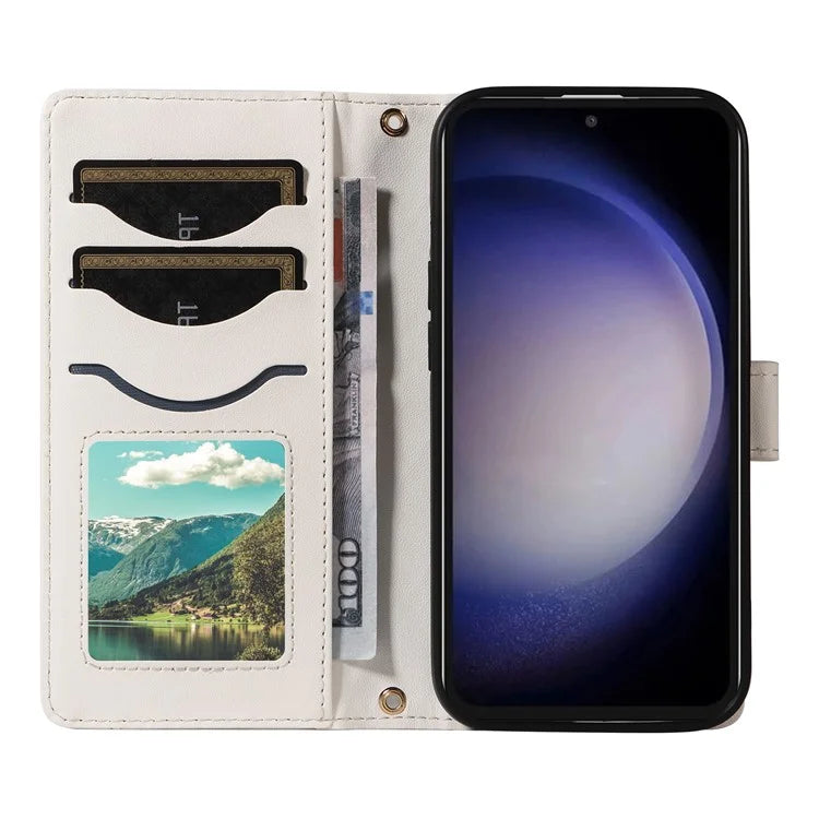 For Samsung Galaxy S23 FE Case Wallet Rhombus Leather Phone Cover with Shoulder Strap, Wrist Strap