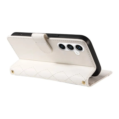 For Samsung Galaxy S23 FE Case Wallet Rhombus Leather Phone Cover with Shoulder Strap, Wrist Strap