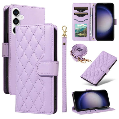 For Samsung Galaxy S23 FE Case Wallet Rhombus Leather Phone Cover with Shoulder Strap, Wrist Strap