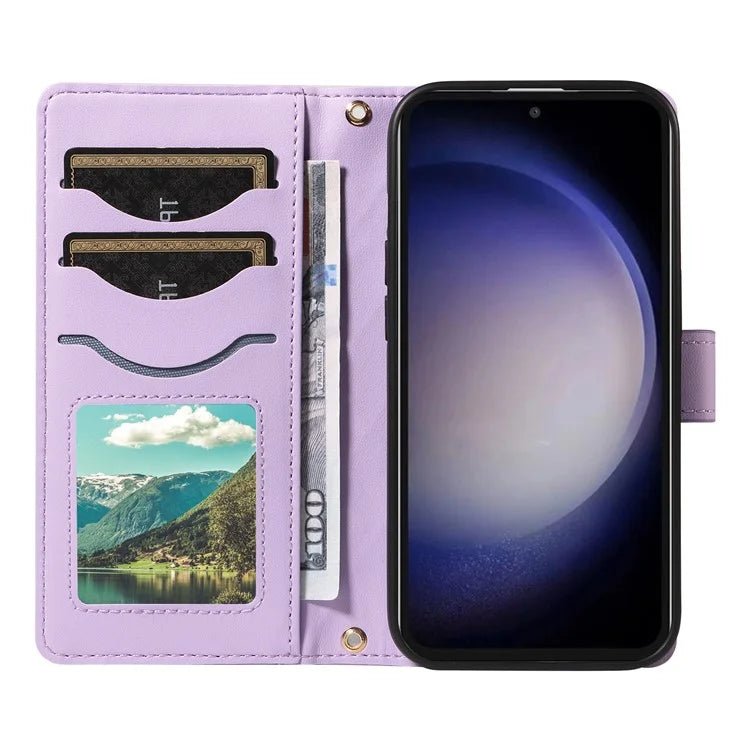 For Samsung Galaxy S23 FE Case Wallet Rhombus Leather Phone Cover with Shoulder Strap, Wrist Strap