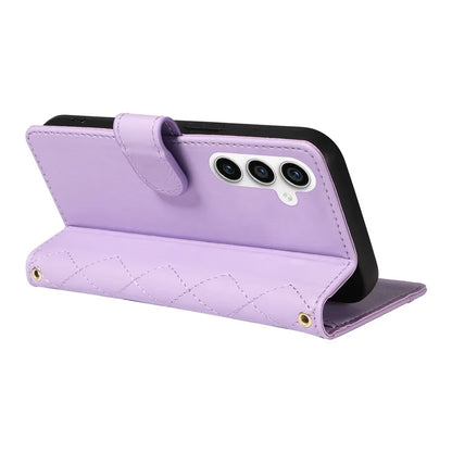 For Samsung Galaxy S23 FE Case Wallet Rhombus Leather Phone Cover with Shoulder Strap, Wrist Strap