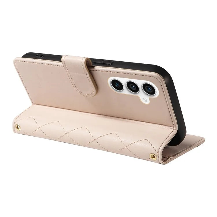 For Samsung Galaxy S23 FE Case Wallet Rhombus Leather Phone Cover with Shoulder Strap, Wrist Strap